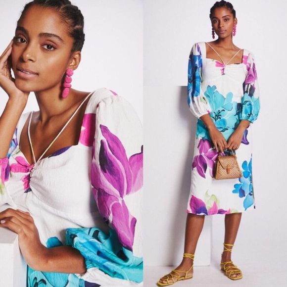 Anthropologie Maeve Printed Midi Dress Women’s Size 8 Floral Ballon Sleeve - Picture 1 of 7